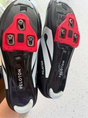 Peloton Black and White Road Cycling Shoes with Red Cleats